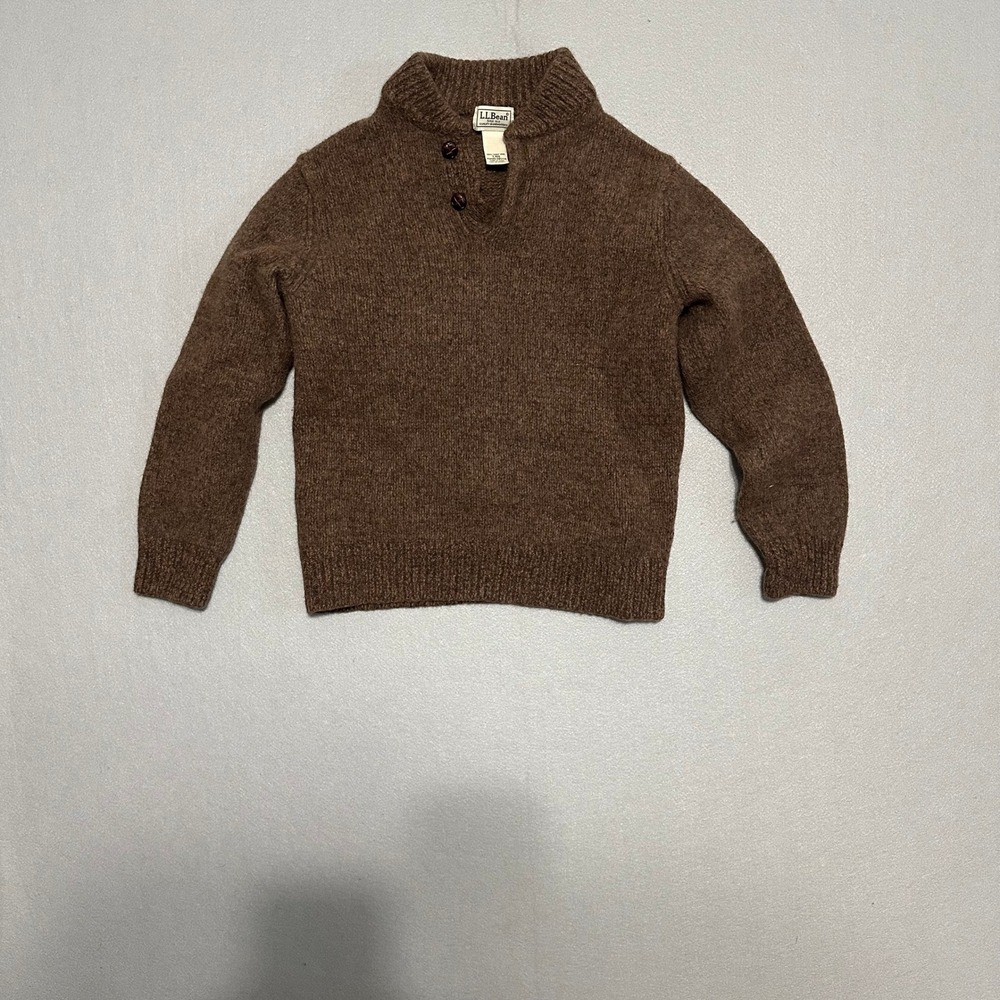 LL Bean Mens Brown 100% Lambswool Mock Neck Button Sweater S-REG 285174
